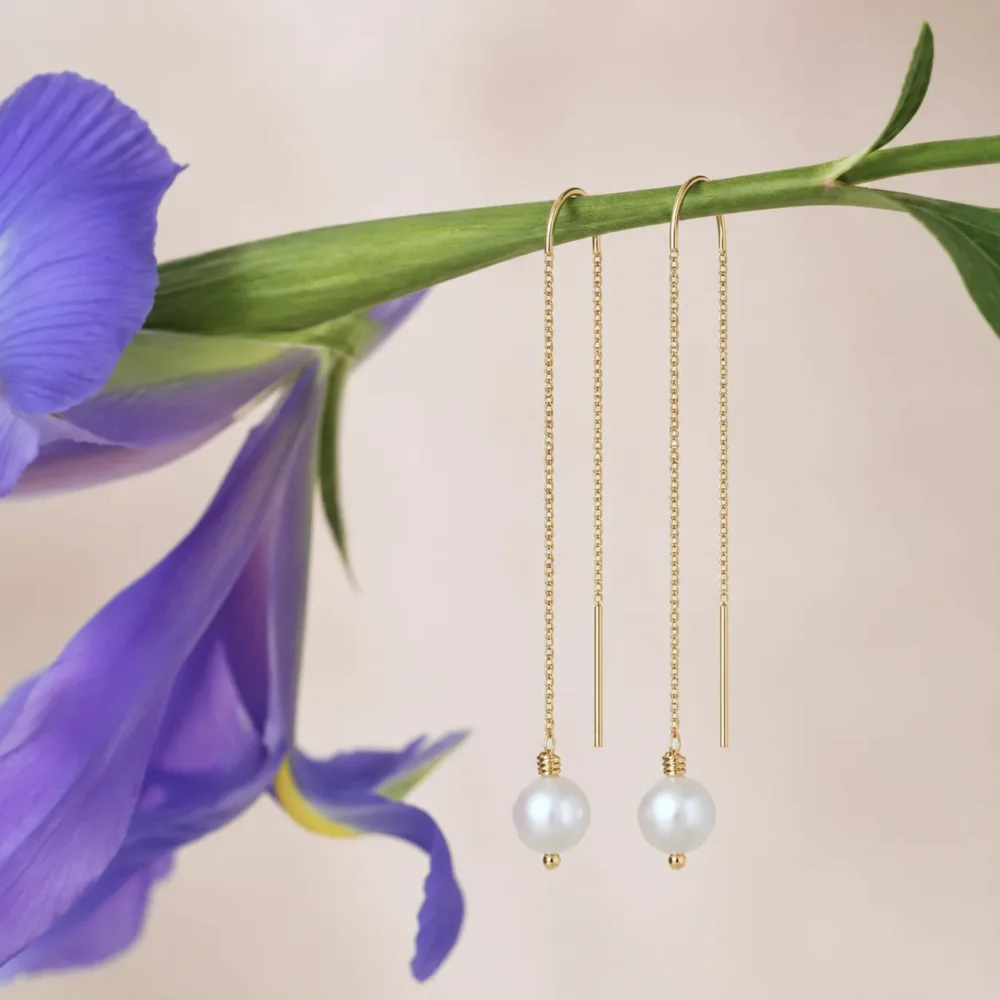 Natural Pearl Earrings "Mom" on a Chain | 9.0 – 9.5 mm | Round Pearls - Image 5