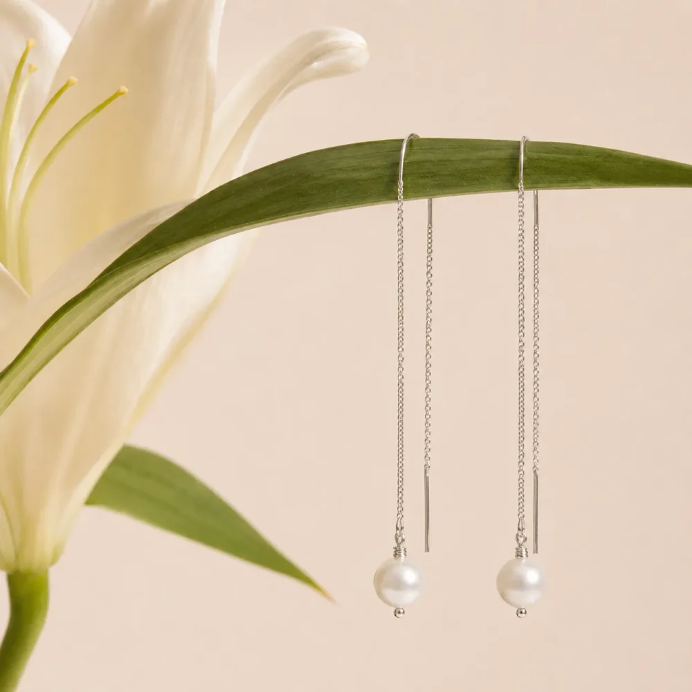 Natural Pearl Earrings "Mom" on a Chain | 9.0 – 9.5 mm | Round Pearls - Image 6
