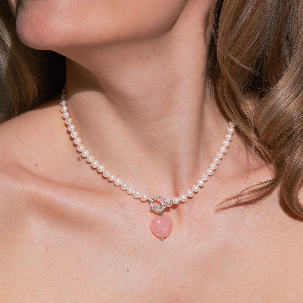 Necklace 'February' | 4.5 – 5.5 mm | Round Pearls + Rose Quartz - Image 2