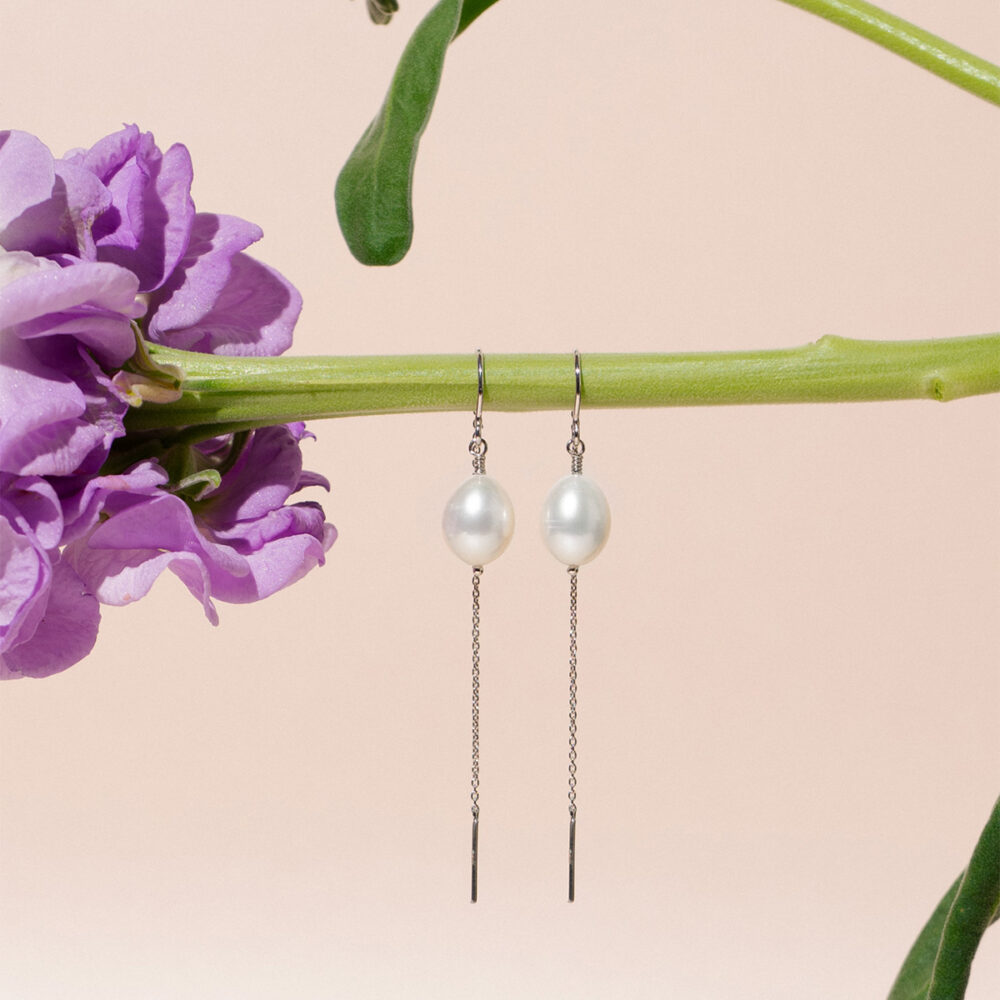 Natural Pearl Earrings "Mom" on a Chain | 9.0 - 9.5 mm | Oval Pearls - Image 1