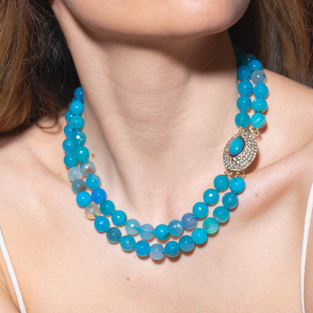 2 rows classic colored stone necklace "Aquamarine" | 10 - 11 mm | Pic. 1 2 rows Classic Colored Stone Necklace "Aquamarine" | 10 – 11 mm | Faceted - Image 3