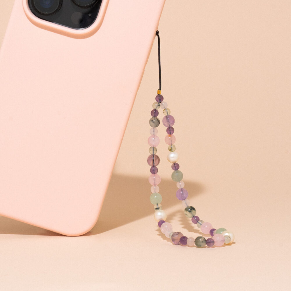 Phone Accessory ‘June’ | 5.5 – 6.5 mm | Round White Pearls + Colored Stones - Image 1