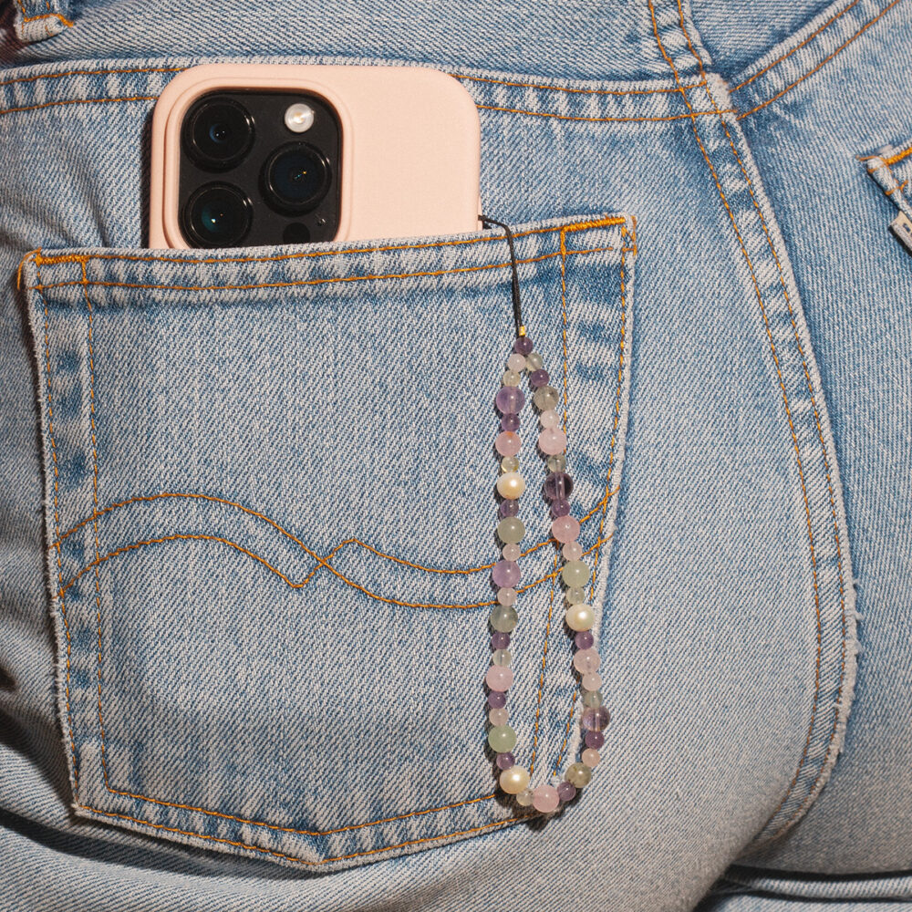 Phone Accessory ‘June’ | 5.5 – 6.5 mm | Round White Pearls + Colored Stones - Image 2