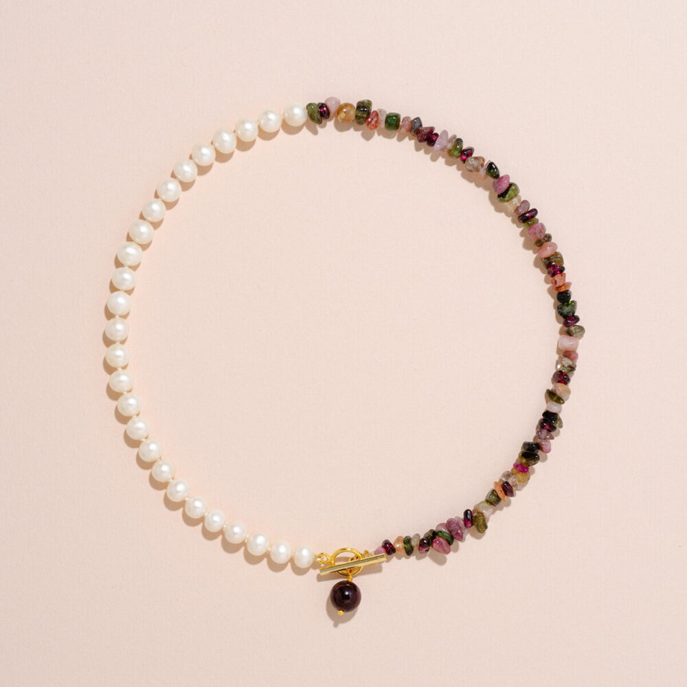 3 Necklace 'June' with Tourmaline and Garnet | 5.5 – 6.5 mm | Round White Pearls + Colored Stones - Image 2