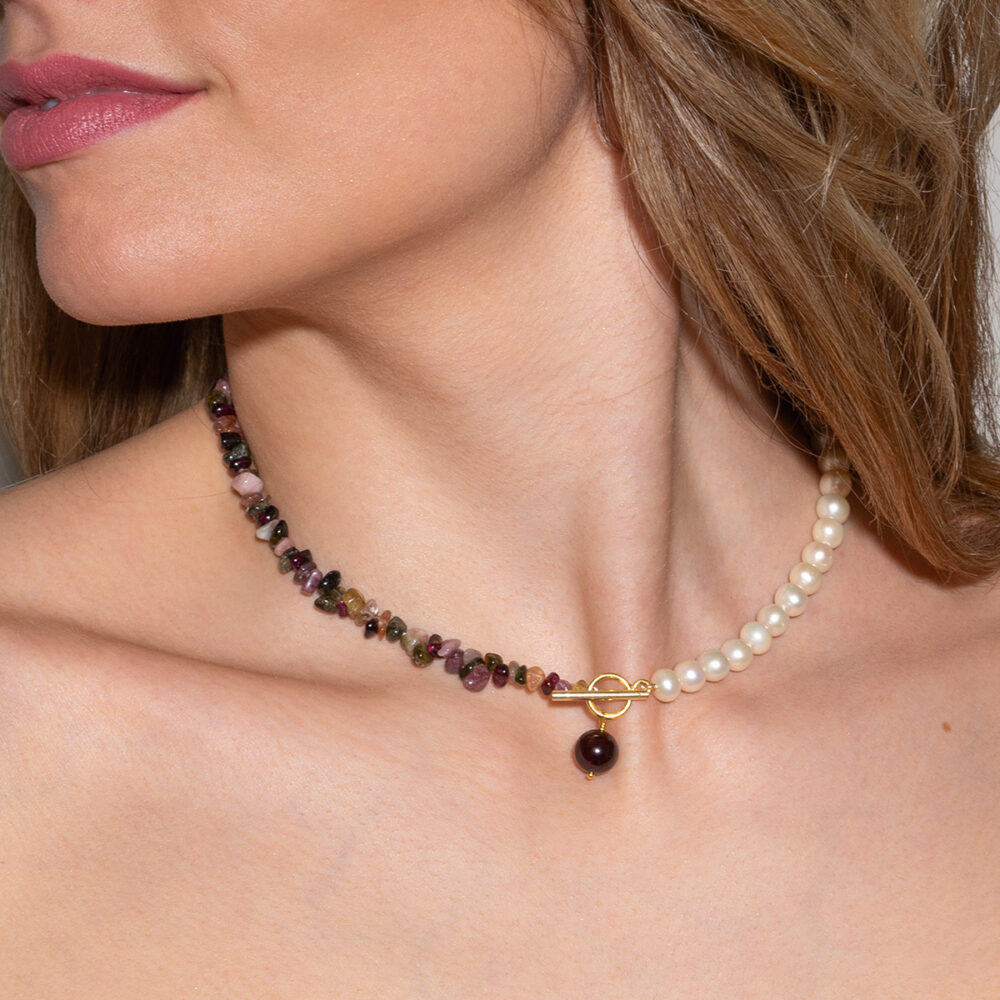 Necklace 'June' with Tourmaline and Garnet | 5.5 – 6.5 mm | Round White Pearls + Colored Stones - Image 1