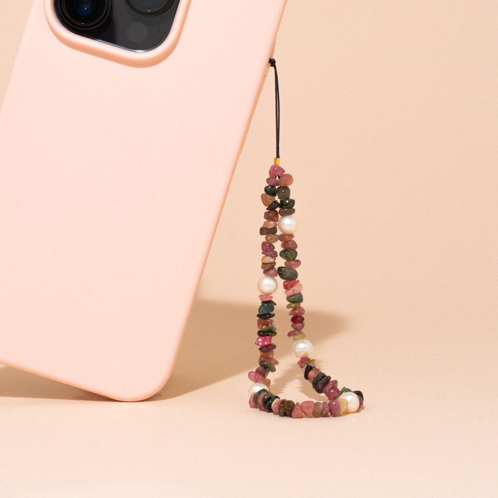Phone Accessory ‘June’ with Tourmaline and Garnet | 5.5 – 6.5 mm | Round White Pearls + Colored Stones - Image 1
