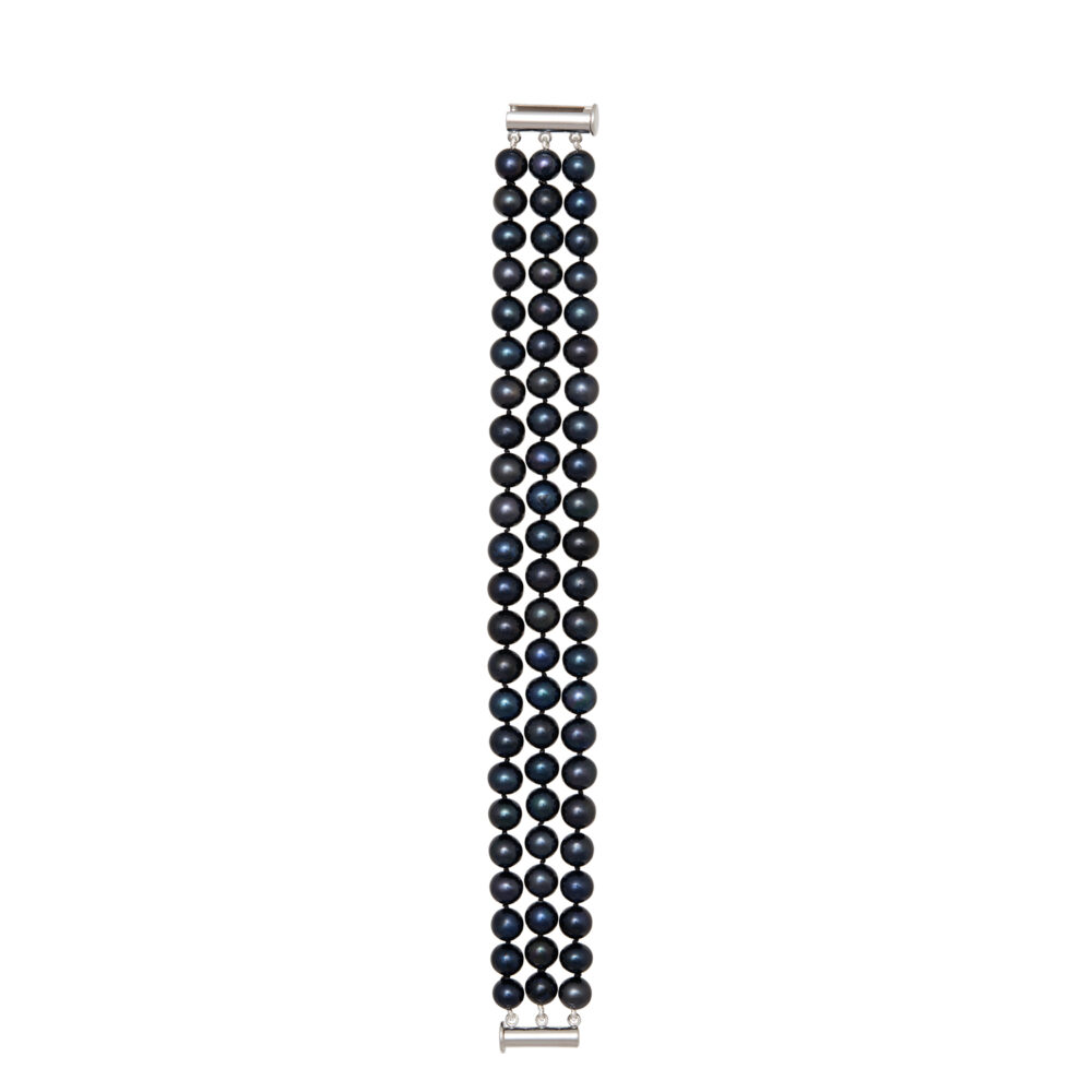 3 Row Classic Black Pearl Bracelet | 5.5 – 6.5 mm | Round Pearls - Image 1