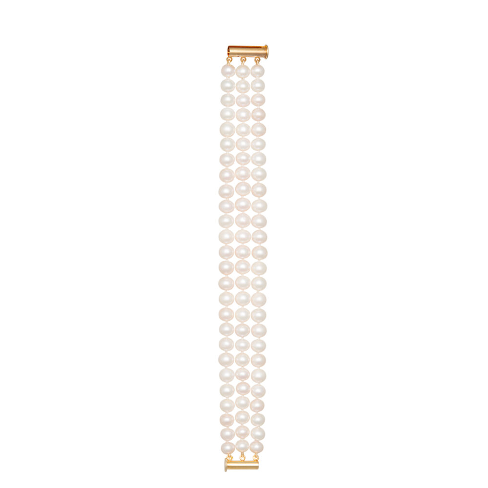 3 Row Classic White Pearl Bracelet | 7.5 – 8.5 mm | Round Pearls - Image 1