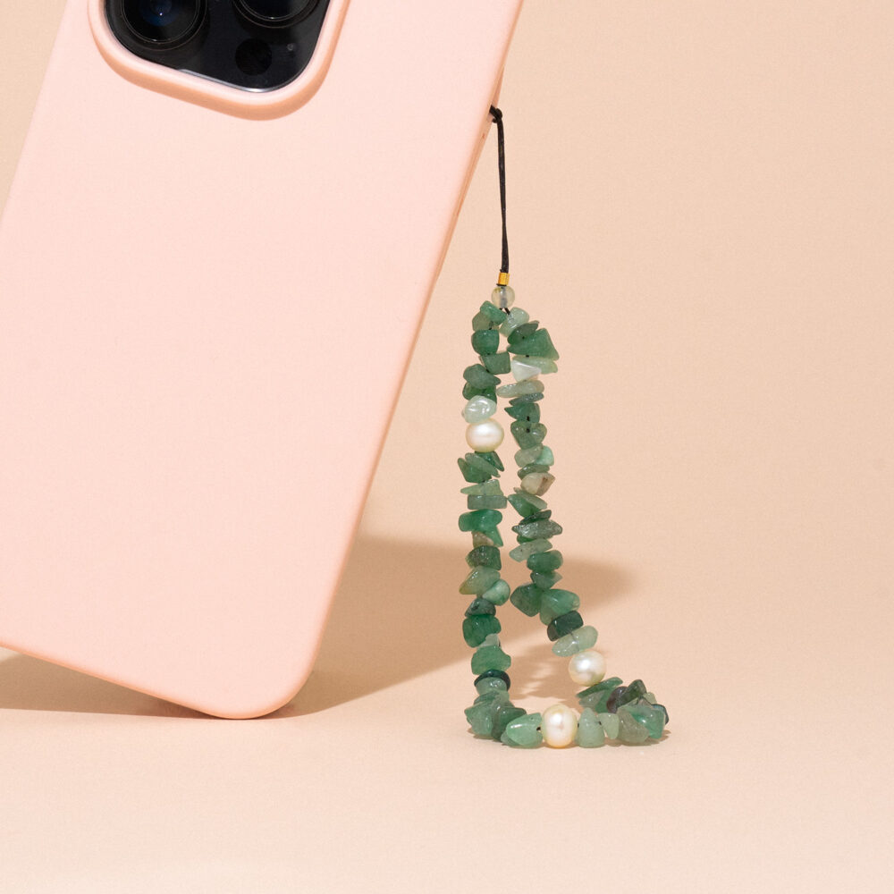 Phone Accessory ‘June’ | 5.5 – 6.5 mm | Round White Pearls + Jade - Image 1