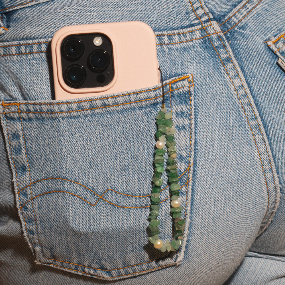 Phone Accessory ‘June’ | 5.5 – 6.5 mm | Round White Pearls + Jade - Image 2