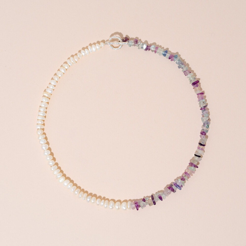 Necklace 'June' with Fluorite | 5.5 – 6.5 mm | Irregular White Pearls + Colored Stones - Image 1