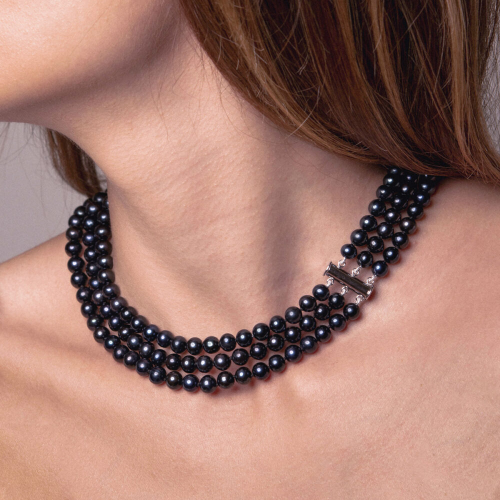 3 Row Classic Black Pearl Necklace | 7.5 – 8.5 mm | Round Pearls - Image 1