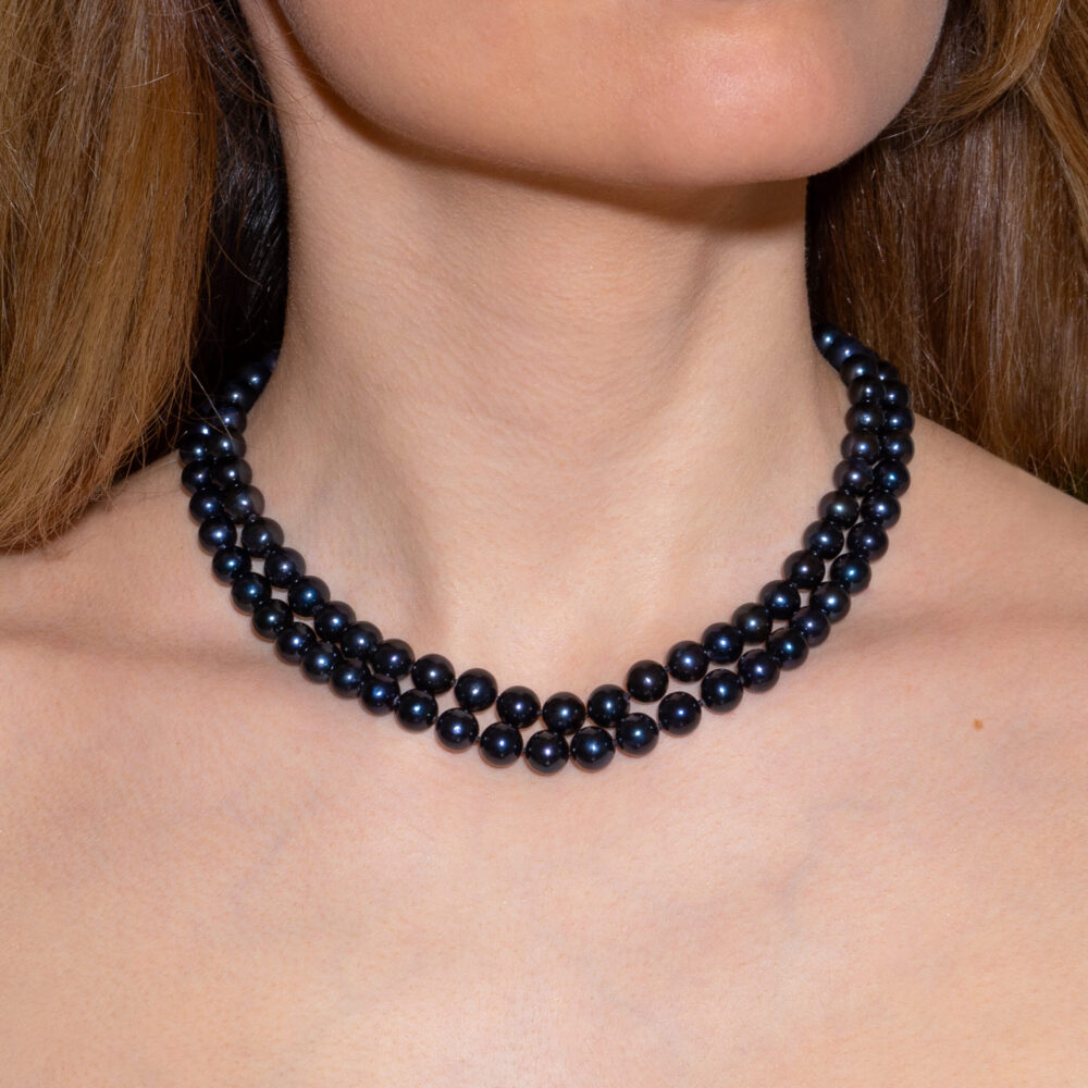 2 Row Classic Black Pearl Necklace | 8.5 – 9.5 mm | Round Pearls - Image 1