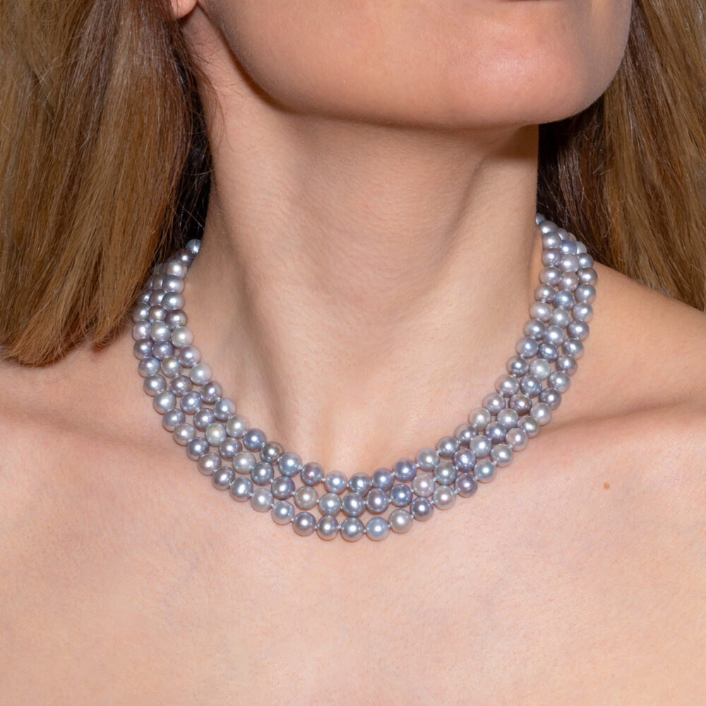 3 Row Classic Silver Grey Pearl Necklace | 7.5 – 8.5 mm | Round Pearls - Image 2