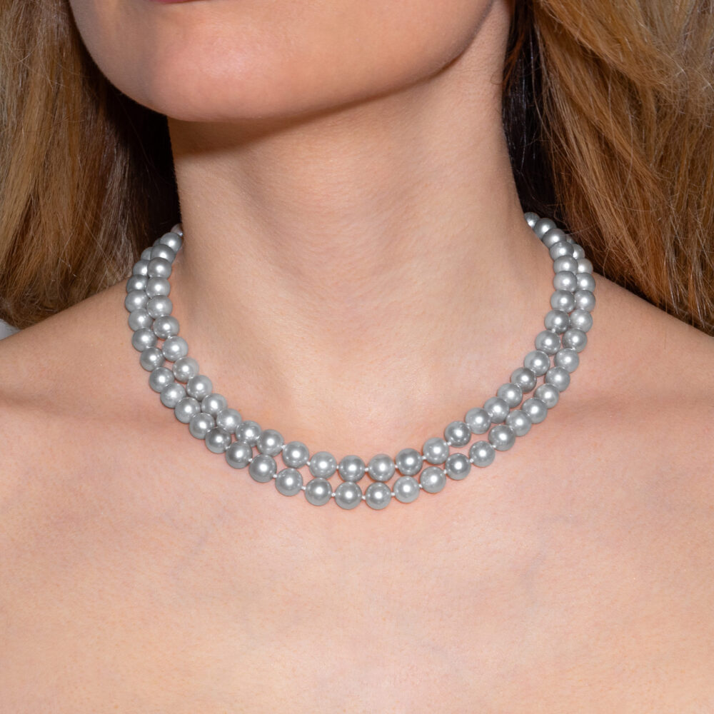 2 Row Classic Silver Grey Pearl Necklace | 7.5 – 8.5 mm | Round Pearls - Image 2