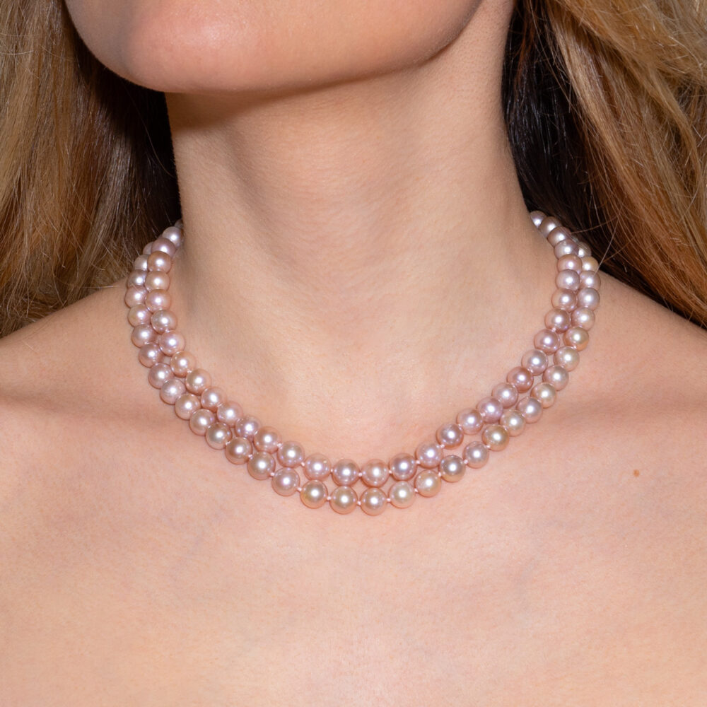 2 Row Classic Lavender Pearl Necklace | 8.5 – 9.5 mm | Round Pearls - Image 1