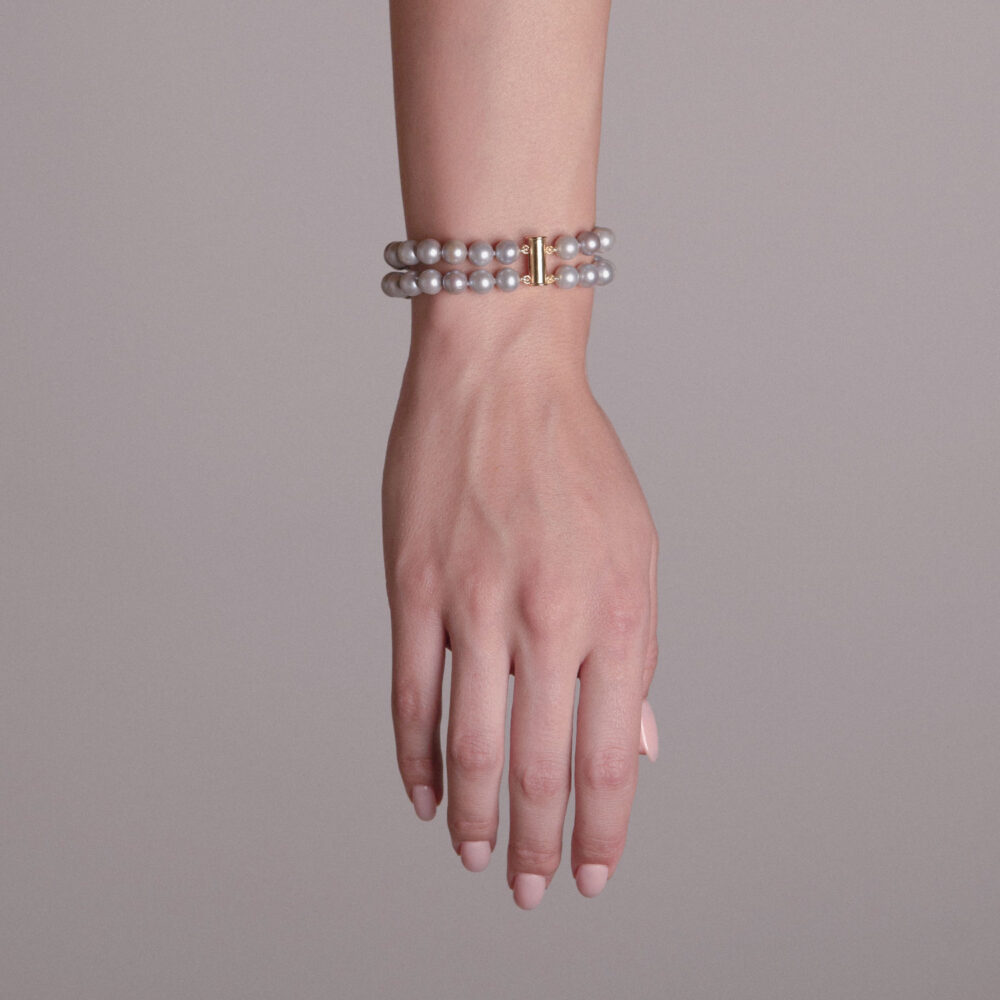 2 Row Classic Silver Grey Pearl Bracelet | 7.5 – 8.5 mm | Round Pearls - Image 1