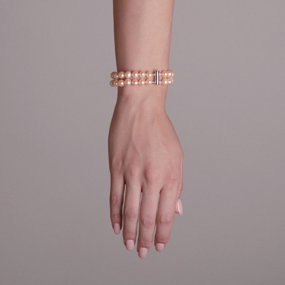 2 Row Classic Pink to Peach Pearl Bracelet | 8.5 – 9.5 mm | Round Pearls - Image 1