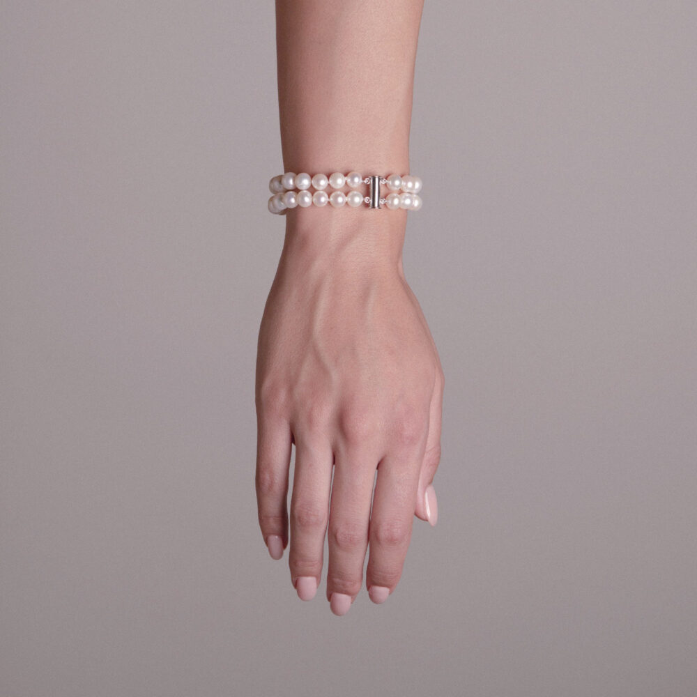 2 Row Classic White Pearl Bracelet | 8.5 – 9.5 mm | Round Pearls - Image 2