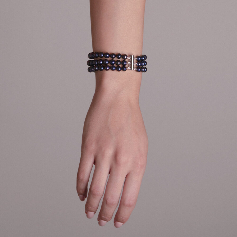 3 Row Classic Black Pearl Bracelet | 6.5 – 7.5 mm | Round Pearls - Image 1