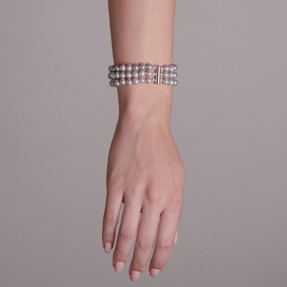3 Row Classic Silver Grey Pearl Bracelet | 5.5 – 6.5 mm | Round Pearls - Image 1