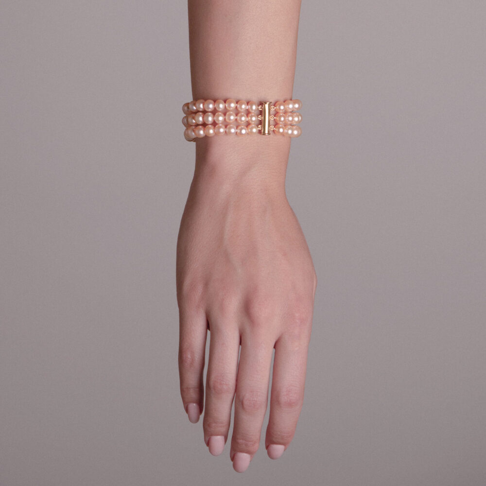 3 Row Classic Pink to Peach Pearl Bracelet | 7.5 – 8.5 mm | Round Pearls - Image 1