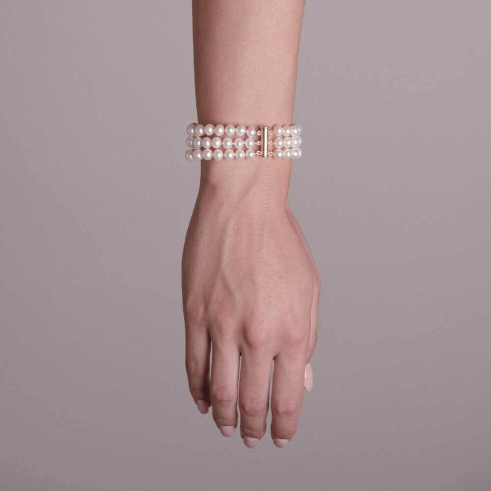 3 Row Classic White Pearl Bracelet | 6.5 – 7.5 mm | Round Pearls - Image 1