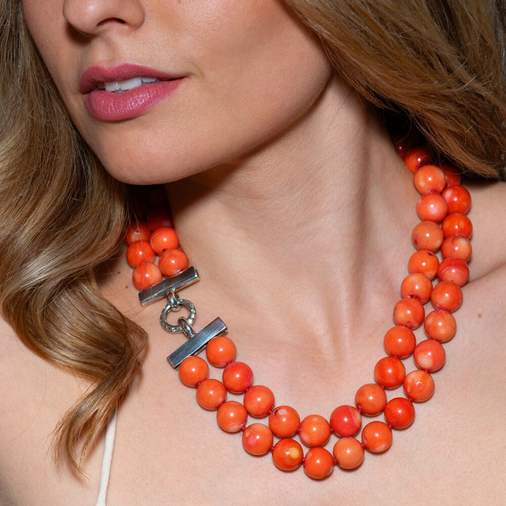 Double Row Necklace of Rare Large Pink Coral | 13.5 - 14.5 mm | Round Coral - Image 1
