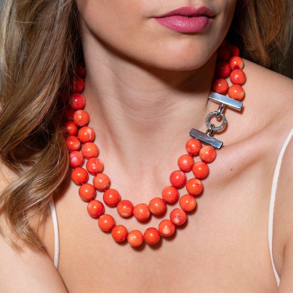 Double Row Necklace of Rare Large Pink Coral | 13.5 - 14.5 mm | Round Coral - Image 2