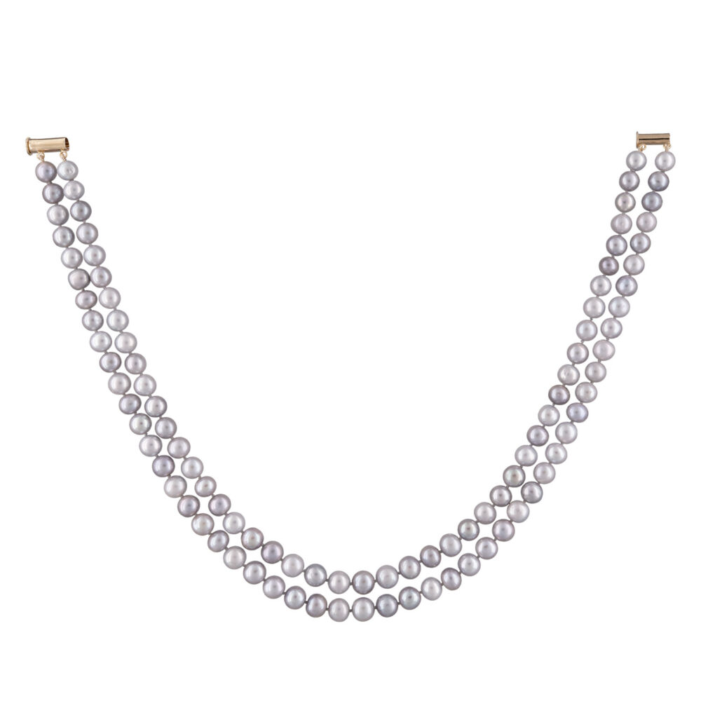 2 Row Classic Silver Grey Pearl Necklace | 7.5 – 8.5 mm | Round Pearls - Image 1