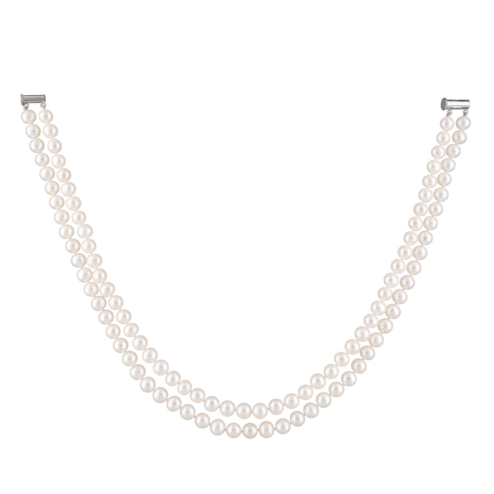 2 Row Classic White Pearl Necklace | 8.5 – 9.5 mm | Round Pearls - Image 2
