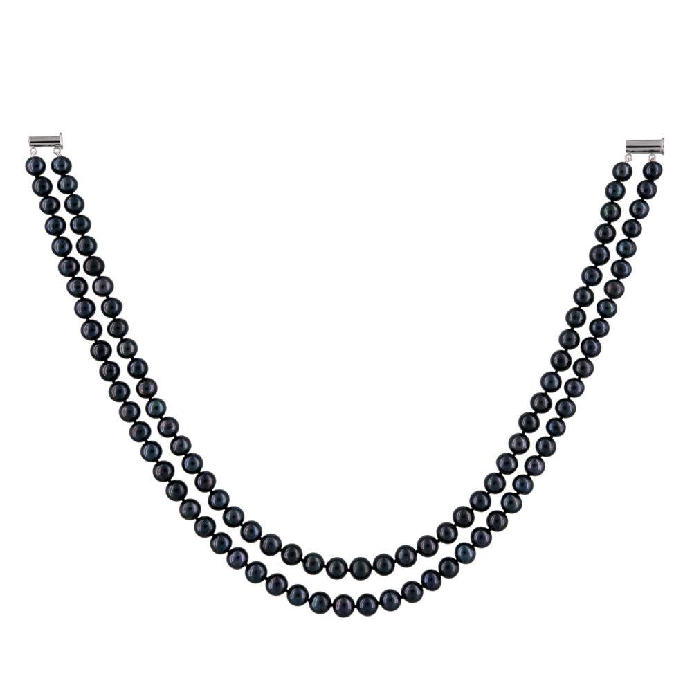 2 Row Classic Black Pearl Necklace | 6.5 – 7.5 mm | Round Pearls - Image 1