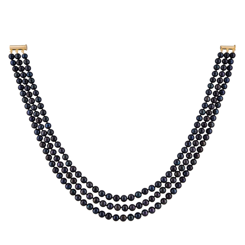 3 Row Classic Black Pearl Necklace | 7.5 – 8.5 mm | Round Pearls - Image 2