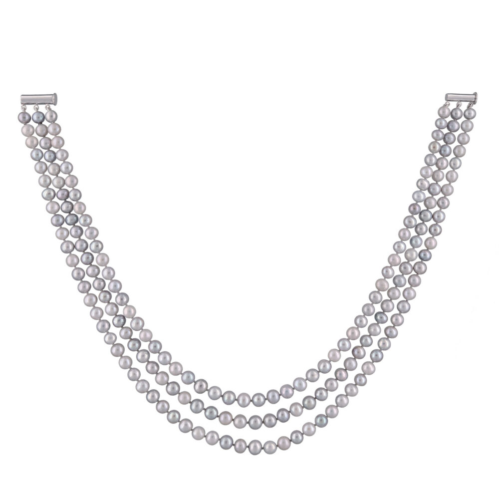 3 Row Classic Silver Grey Pearl Necklace | 7.5 – 8.5 mm | Round Pearls - Image 1