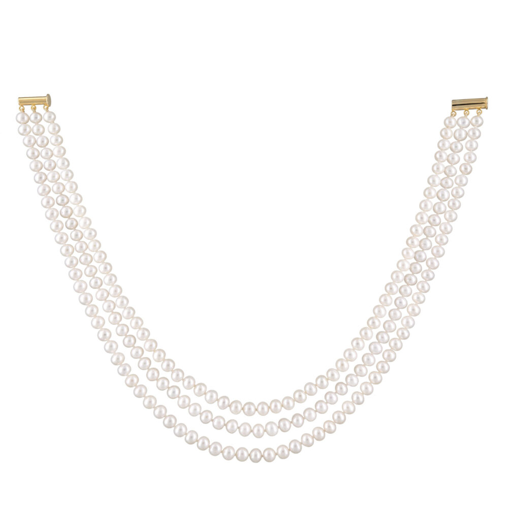 3 Row Classic White Pearl Necklace | 6.5 – 7.5 mm | Round Pearls - Image 1