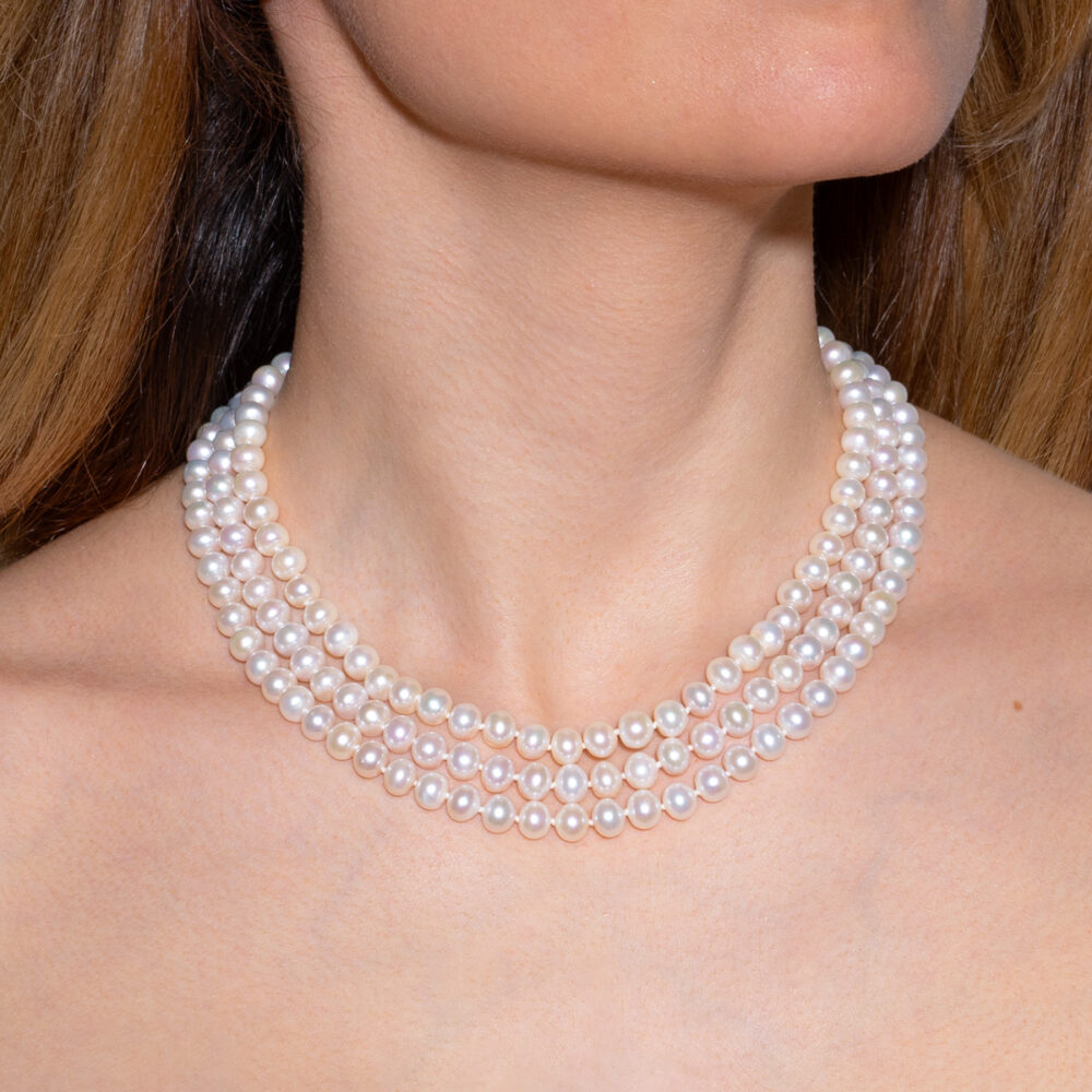 3 Row Classic White Pearl Necklace | 7.5 – 8.5 mm | Round Pearls - Image 1