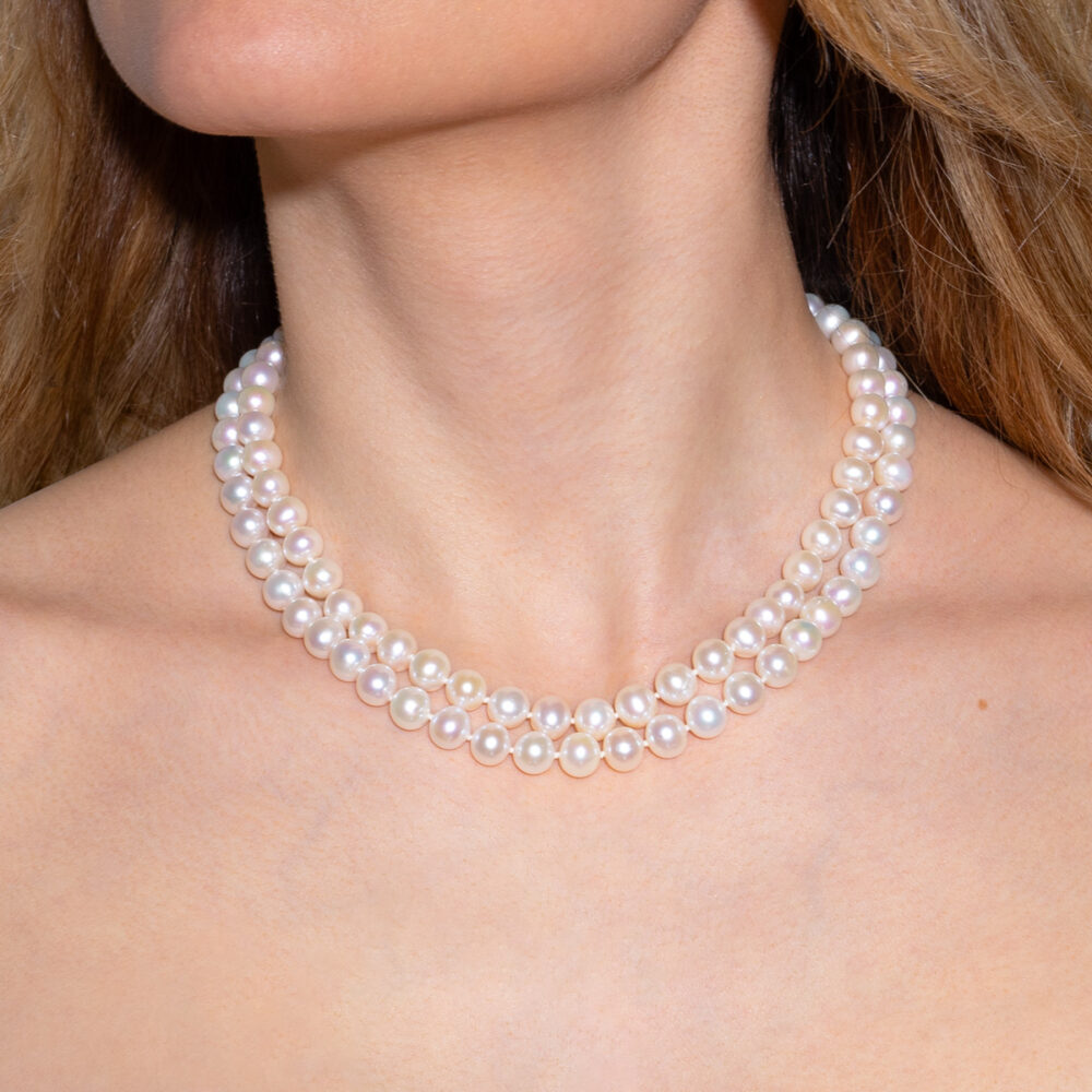 2 Row Classic White Pearl Necklace | 8.5 – 9.5 mm | Round Pearls - Image 1
