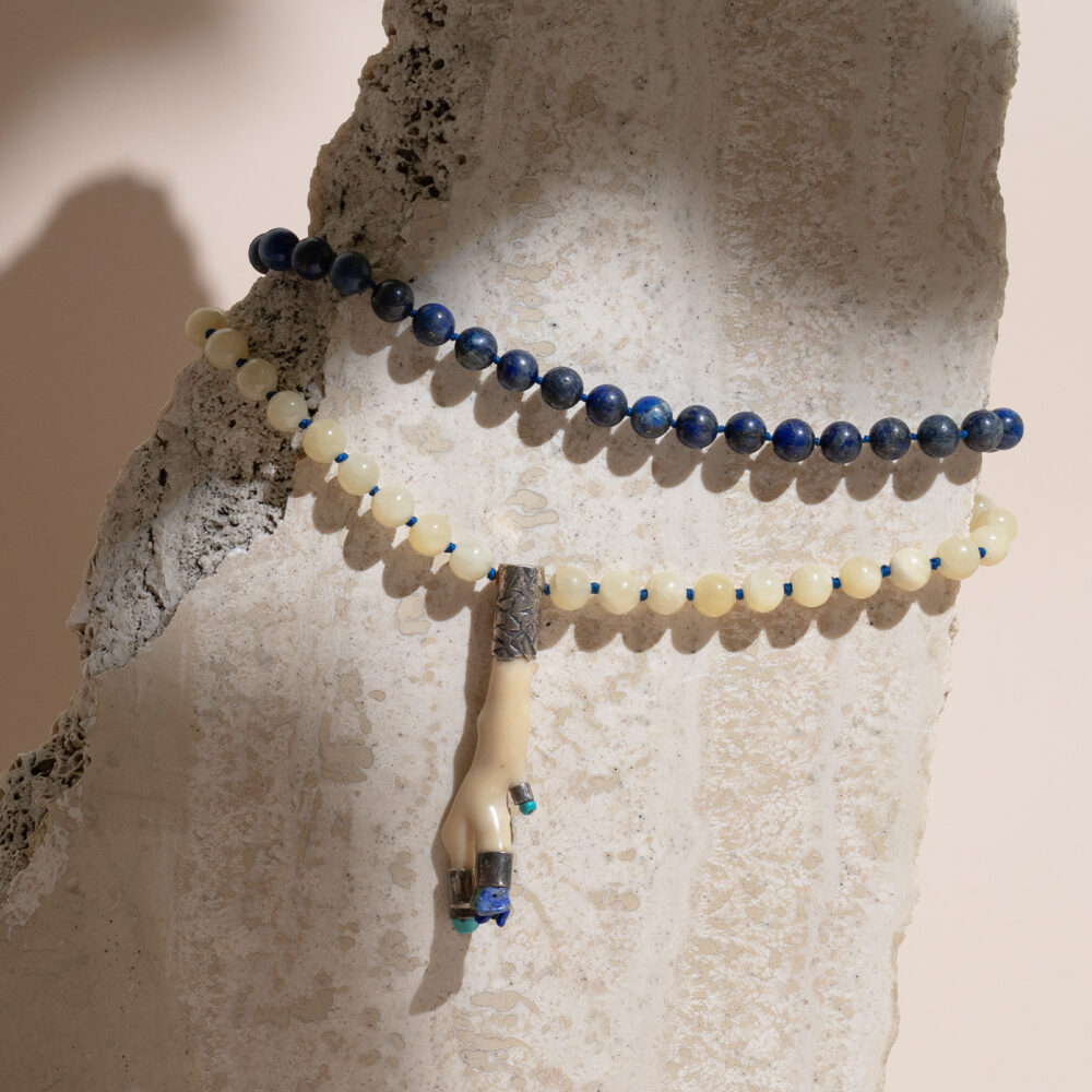 One-of-a-Kind 2 Row Necklace "Inspired by Antiquity" | 10.5 – 11.5 mm | Lapis Lazuli + Agate + Coral - Image 2