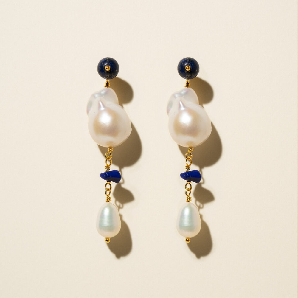 Detachable Pearl & Stone Earrings | Fireball + Oval Pearls | Lapis Lazuli - Image 1