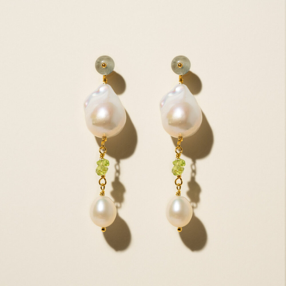 Detachable Pearl & Stone Earrings | Fireball + Oval Pearls | Prehnite & Peridot - Image 3