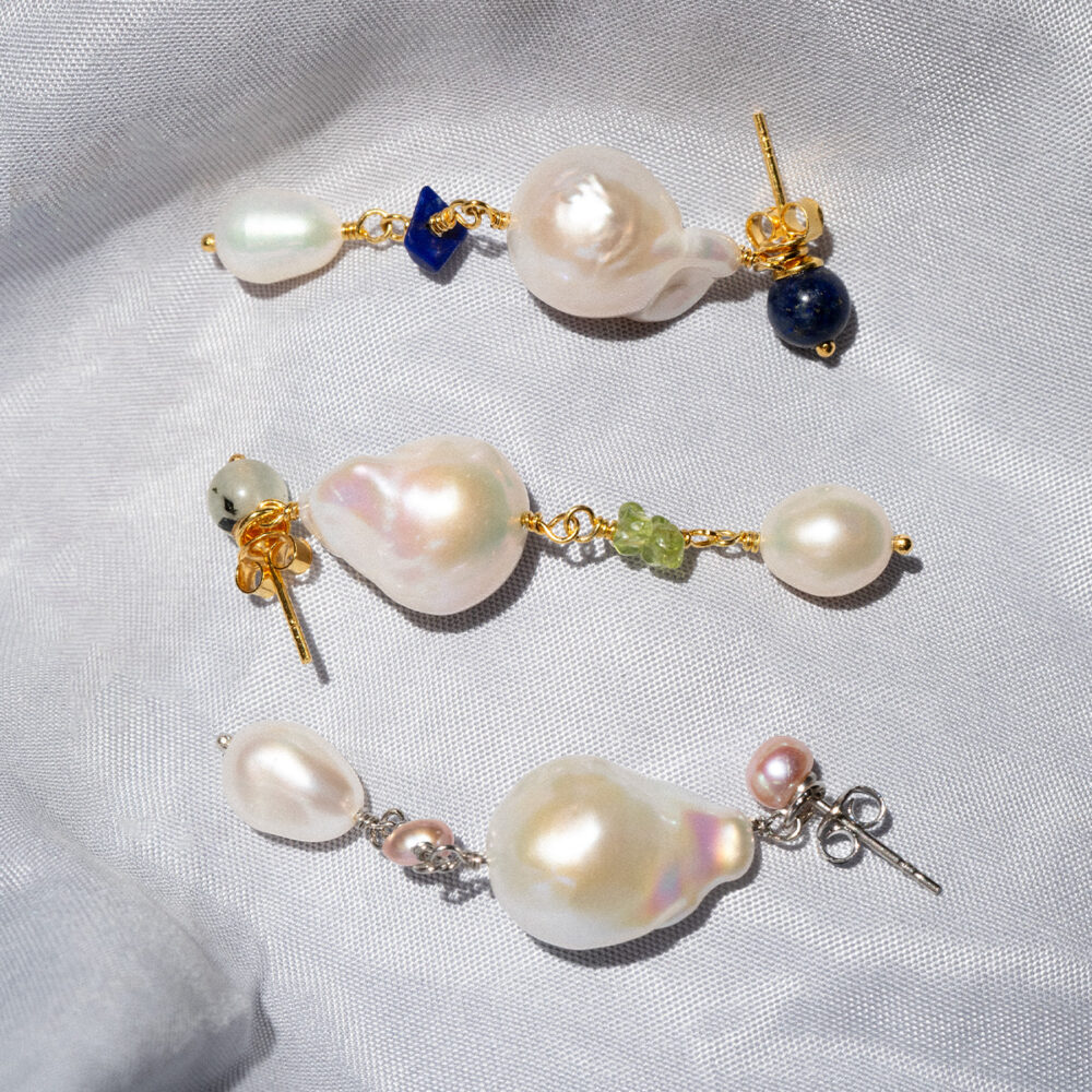 Detachable Pearl & Stone Earrings | Fireball + Oval Pearls | Prehnite & Peridot - Image 4