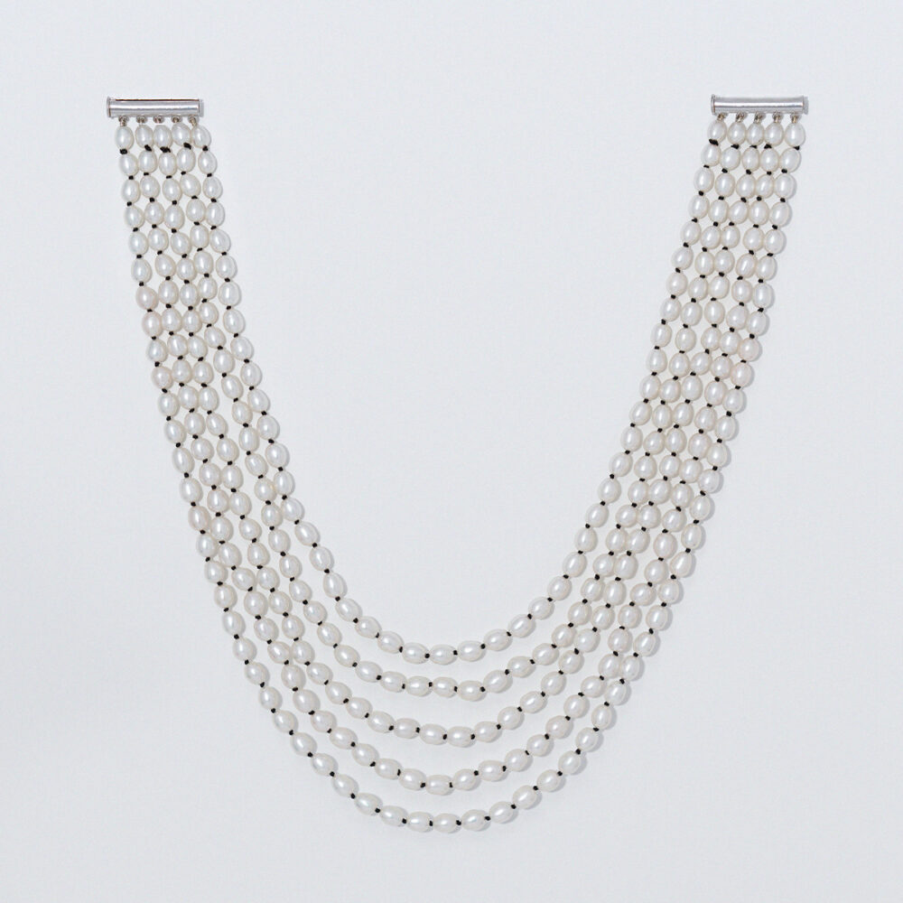5 Rows Black Thread White Pearl Necklace | 6.5 – 7.5 mm | Oval Pearls - Image 2
