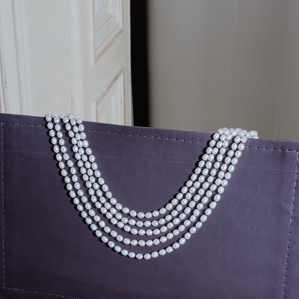 5 Rows Black Thread White Pearl Necklace | 6.5 – 7.5 mm | Oval Pearls - Image 3