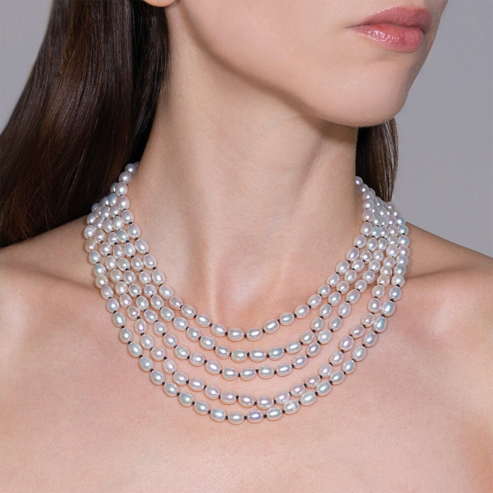 5 Rows Black Thread White Pearl Necklace | 6.5 – 7.5 mm | Oval Pearls - Image 5
