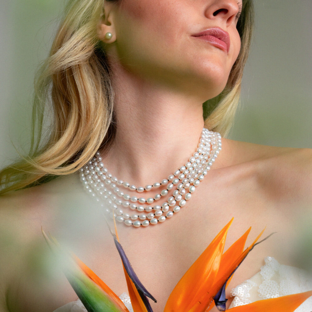 5 Rows Black Thread White Pearl Necklace | 6.5 – 7.5 mm | Oval Pearls - Image 1