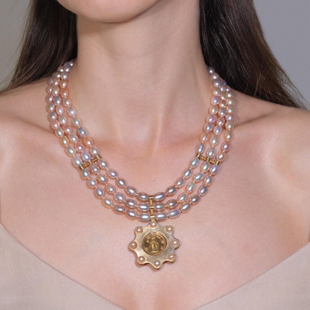 Exquisite Three Row Golden Lavender Pearl Necklace | 6.5 – 7.5 mm | Oval Pearls - Image 4