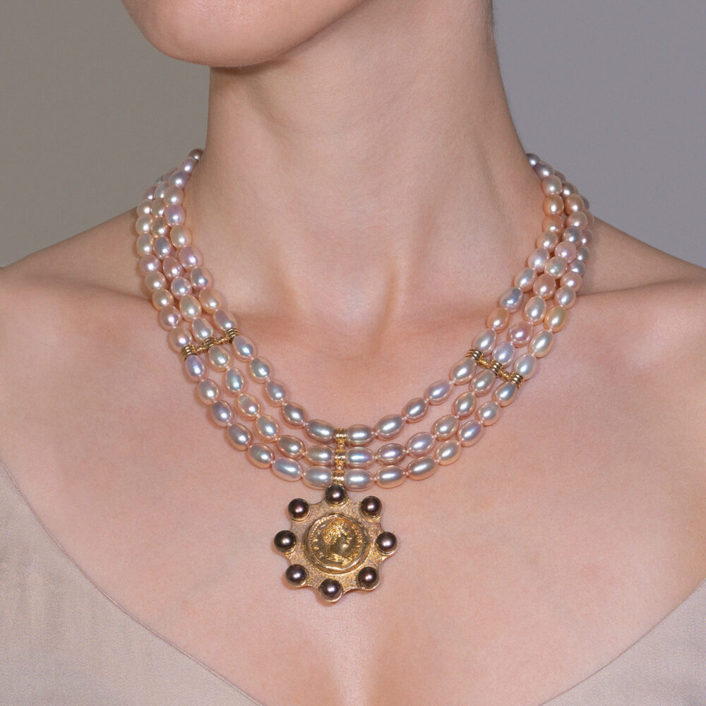 Exquisite Three Row Golden Lavender Pearl Necklace | 6.5 – 7.5 mm | Oval Pearls - Image 1