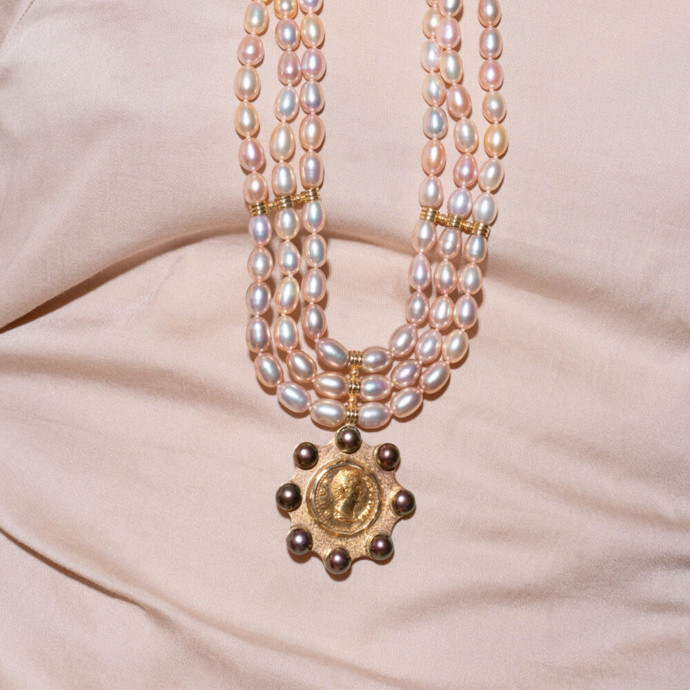 Exquisite Three Row Golden Lavender Pearl Necklace | 6.5 – 7.5 mm | Oval Pearls - Image 2