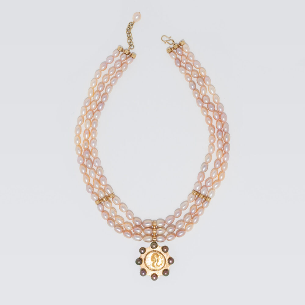 Exquisite Three Row Golden Lavender Pearl Necklace | 6.5 – 7.5 mm | Oval Pearls - Image 5